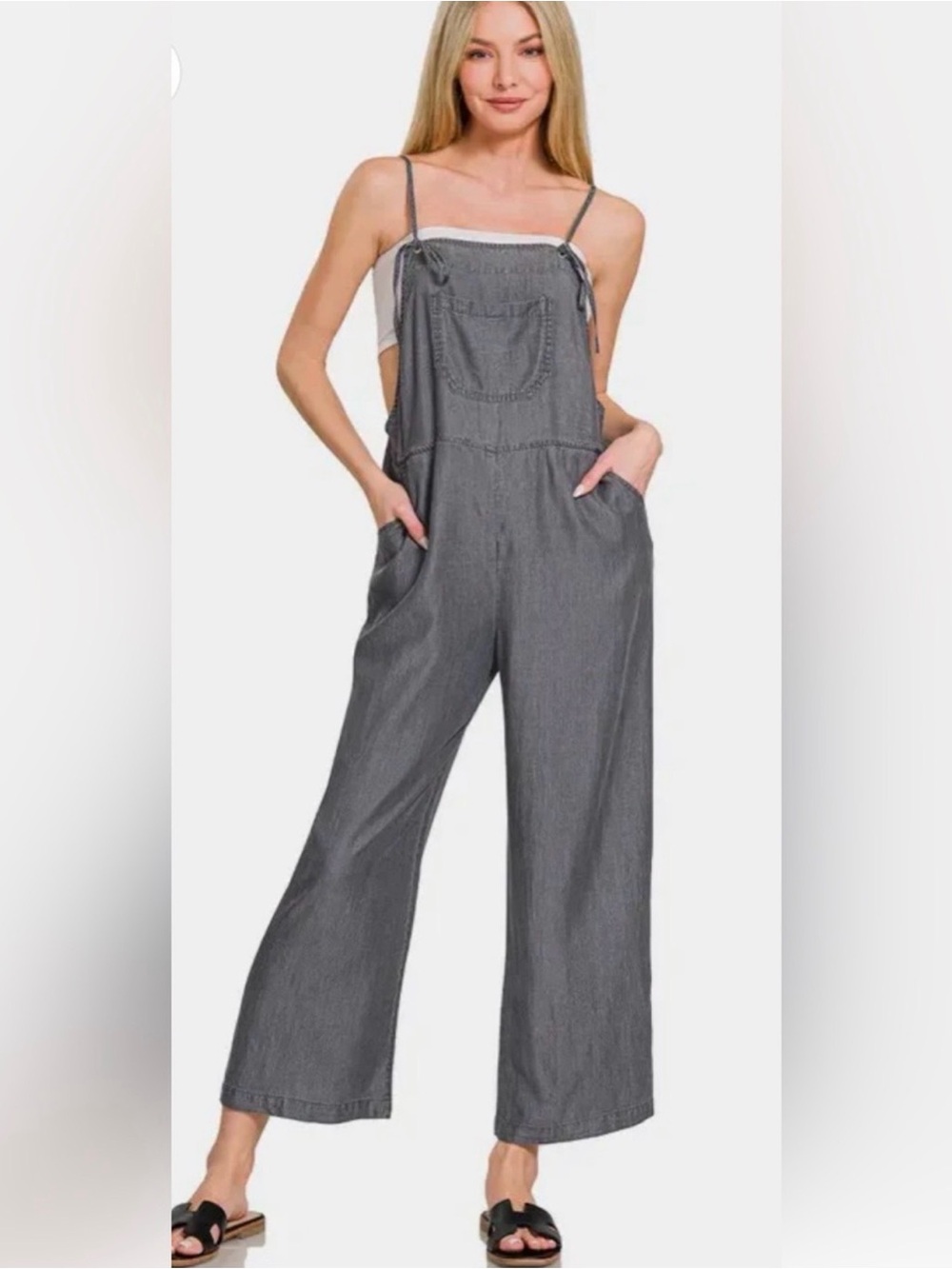 Zenana Outfitters Gray Wide-Leg Denim Jumpsuit